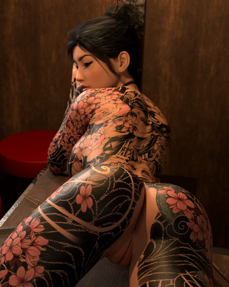yakuza tattoo lady nude butt pussy 3d